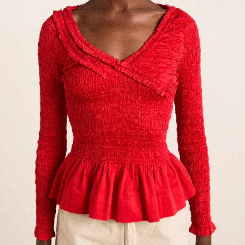 Red Smocked Peplum Long-Sleeve Blouse